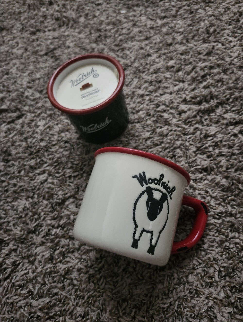 Woolrich Cream and Red Enamel Mug Cup & Candle Set Sheep